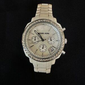 Michael Kors MK5079 Chronograph White Ivory Acrylic Bracelet Watch Crystal Bezel